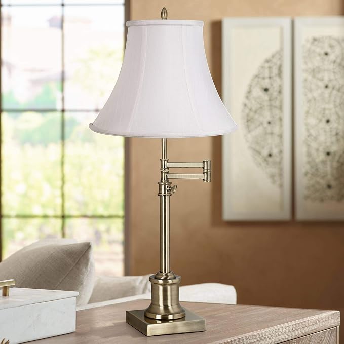 360 Lighting Westbury Traditional Swing Arm Desk Table Lamp Adjustable Height 36" Tall Antique Brass Imperial White Fabric Bell Shade for Living Room Bedroom House Bedside Nightstand Home