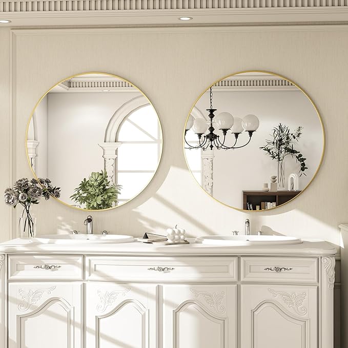 Round Mirror Wall Mounted Mirror - 28" Circle Mirror Bathroom Vanity Mirror with Aluminum Frame for Bedroom Living Room, Entryway Decor Gold Mirror
