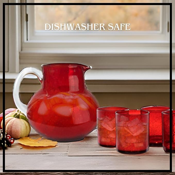 ARTLAND Iris 90oz Hand Blown Pitcher & Double Old Fashion 14oz Glasses (Set of 4) - Lead-Free Bubble Shape Glassware for Stylish Serving and Dining - Kitchen Essential & Table Decor (Ruby)