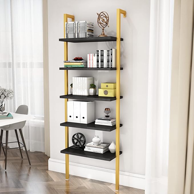DKLGG 5-Tier Ladder Shelf, Industrial Wall Mounted Bookshelf, Narrow Ladder Bookcase with Wood Board and Metal Frame, Open Display Shelf for Living Room, Bedroom, Office, Black and Gold