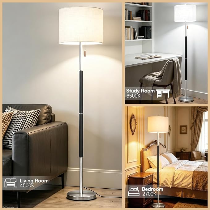 62" Mid Century Modern Floor Lamp, Black Standing Lamp with 3-Color Temperature and Pull Chain, Weighted Anti-Tip Base for Safety, Floor Lamps for Living Room Bedroom Corner (6500K Bulb Included)
