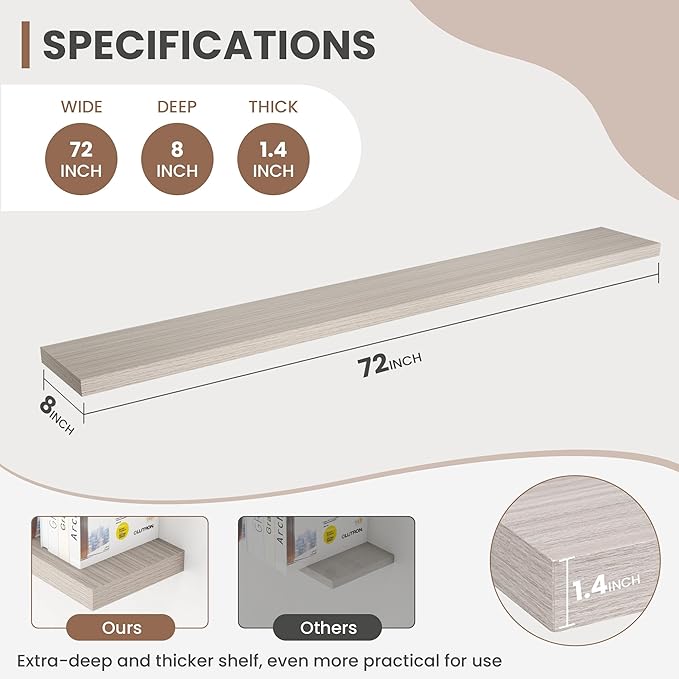 72 Inch Floating Shelves, 8 Inch Deep Floating Shelves for Wall, Hanging Shelf with Invisible Brackets, Deep Shelves for Bathroom, Bedroom, Living Room, Grey, Set of 2