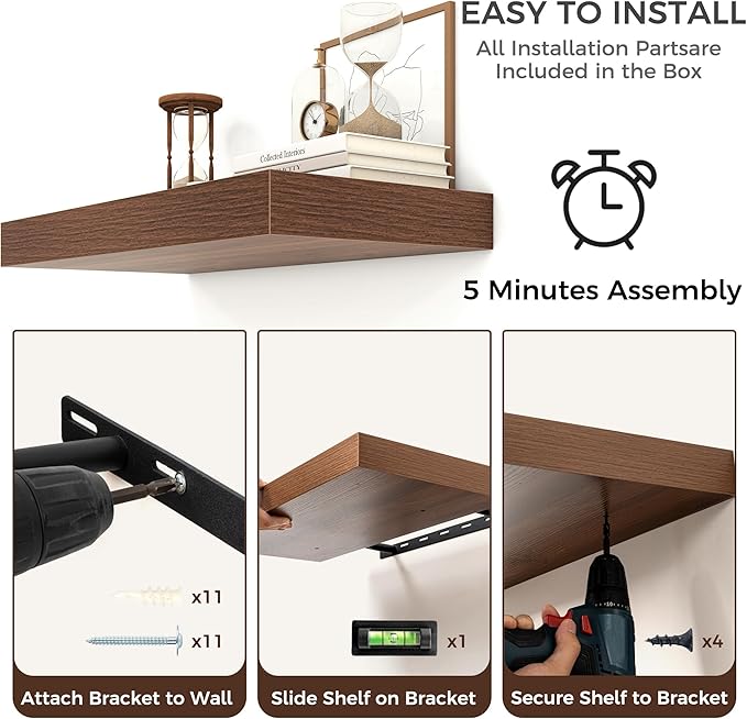 Floating Shelves for Wall, 55 Inch Wide x 12 Inch Deep Floating Shelves, Long Wood Floating Wall Shelf Shelves for Living Room Bathroom Bedroom Kitchen Home - (Walnut, 55" W x 12" D x 2" H)
