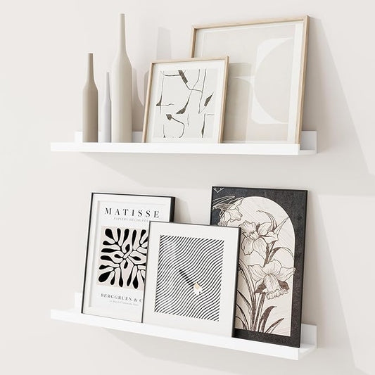 RICHFOCUS Picture Ledge Shelf, 24 inch Floating Shelves Set of 2, Wood Wall Shelves with Lip, Wall Decor Storage for Bedroom Living Room Bathroom Kitchen Nursery Photo Picture, White