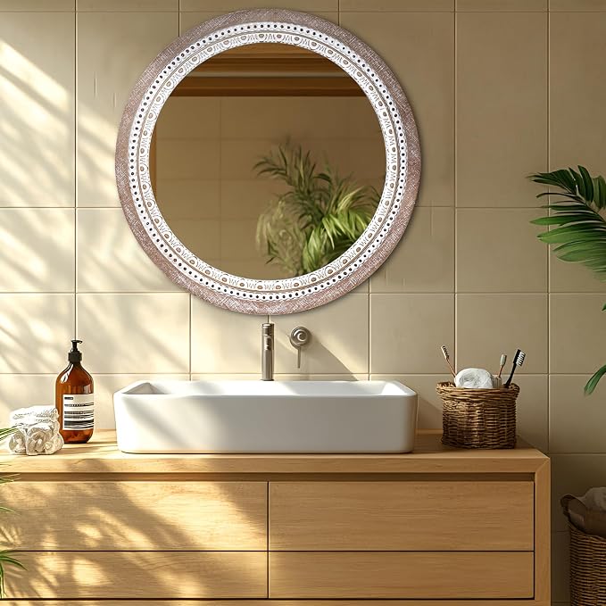 Reflinto 30 Inch Rustic Farmhouse Round Mirror for Wall Decor, | Boho Wood Frame Circle Decorative Mirrors for Bathroom Over Sink, Bedroom, Living Room, Entryway, Foyer
