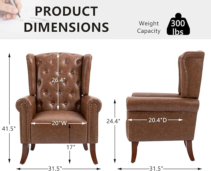 MOJAY Mid-Century PU Leather Accent Chair, Living Room Lounge Sofa Chair with Buttons, Single Club Armchair with Rivet Trim for Bedroom Home Reception (Brown)