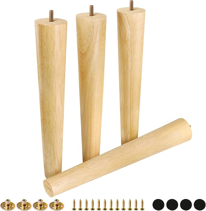 FoDau770 Rubber Wood Furniture Legs 16 Inches, Straight Tapered Wood Feet Mid Century Sofa Legs Set of 4, 5/16" UNC Furniture Feet Replacement Parts for Cabinet Couch Dresser Chair Ottoman Table