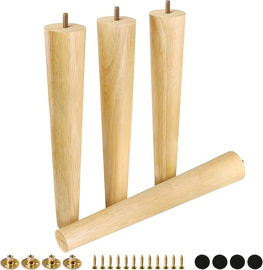 FoDau770 Rubber Wood Furniture Legs 16 Inches, Straight Tapered Wood Feet Mid Century Sofa Legs Set of 4, 5/16" UNC Furniture Feet Replacement Parts for Cabinet Couch Dresser Chair Ottoman Table