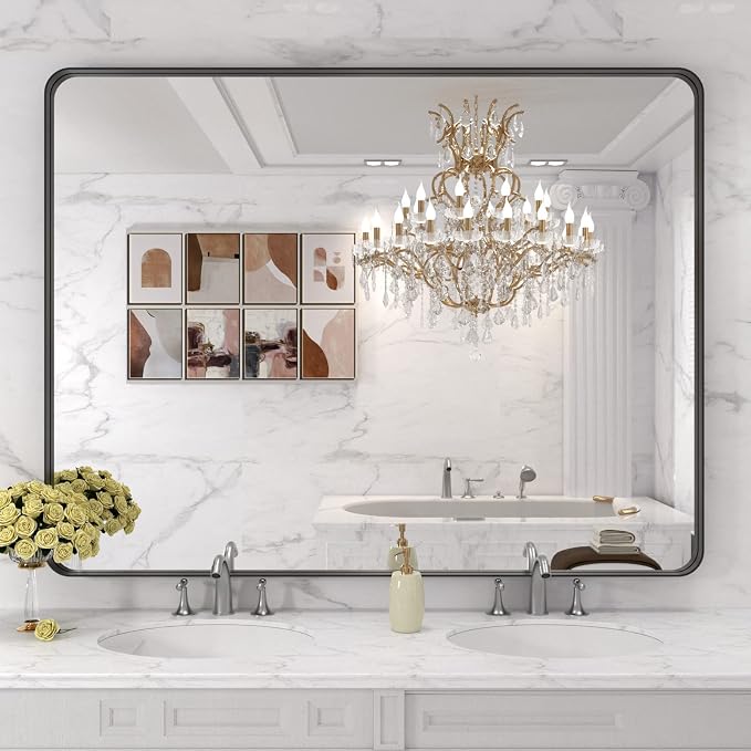 LOAAO 48x36 Inch Black Metal Framed Bathroom Mirror for Wall, Matte Black Bathroom Vanity Mirror Farmhouse, Large Rounded Rectangle Mirror, Anti-Rust, Tempered Glass, Hangs Horizontally or Vertically