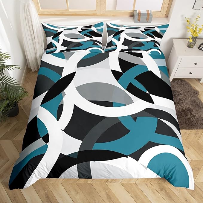 Feelyou Geometric Circle Duvet Cover Modern Retro Grommet Bedding Set Kids Boys Girls Swirls Comforter Cover Grey Blue Black Decor Abstract Stripe Line Bed Set Twin Size Zipper (No Comforter)