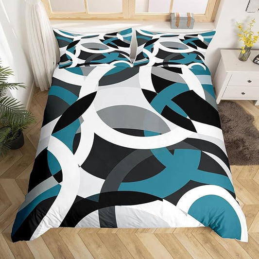 Geometric Circle Duvet Cover Modern Retro Grommet Bedding Set for Kids Boys Girls Geometrics Swirls Comforter Cover Grey Blue Black Decor Abstract Stripe Line Bed Set Full Size Zipper (No Comforter)
