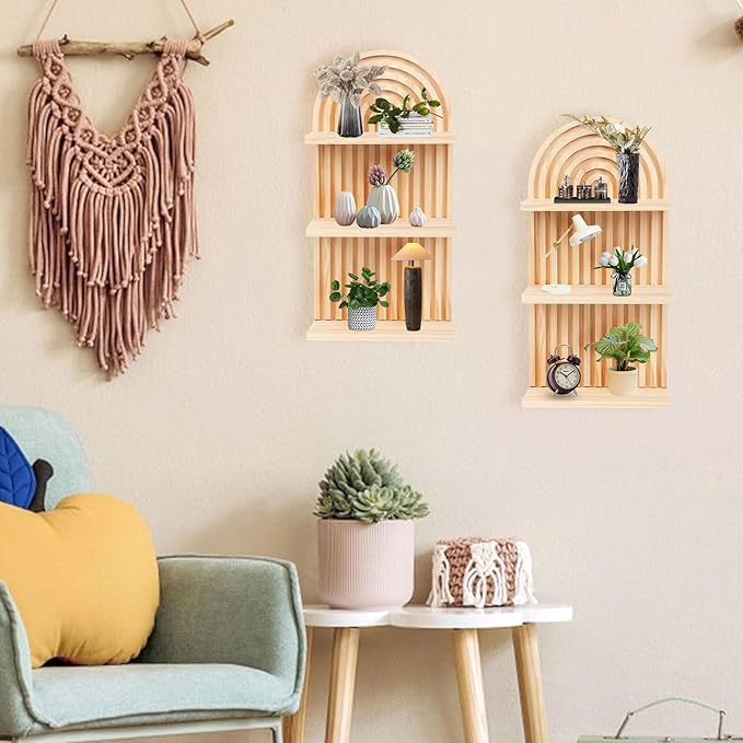 Boho Wall Decor Floating Shelves for Bedroom and Living Room, Mid Century Modern Wooden Wall Shelf Set for Plants and Display, Vintage Arched Decorative Shelves 2 pcs
