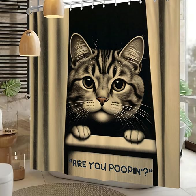 Cat Shower Curtains Cute are You Poopin' Funny Humorous Animal Whimsical Bathroom Curtain Curious Joke Cat Shower Curtain Sets for Bathroom Extra Long 66x72 in with 12 Hooks