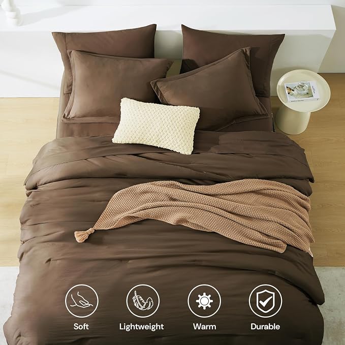 WRENSONGE Full Size Comforter Sets, 7 Pieces Chocolate Brown Bed in a Bag with Fitted Sheet, Flat Sheet, 2 Pillow Shams, 2 Pillowcases, Warm Bedding Sets for All Season