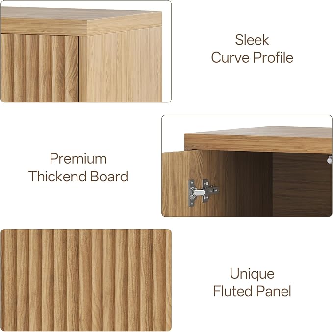 31” Sideboard Cabinet with Storage, Fluted Accent Cabinet with Adjustable Shelves, Modern Wood Credenza Cabinets with Pop-up Doors for Entryway Kitchen Living Room Hallway, Oak 2pcs
