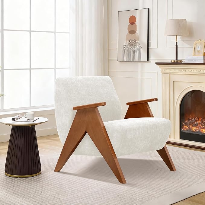 2 Pcs Home Accent Chair Mid Century Modern Accent Chair with Wood Frame, Lounge Upholstered Armchair, Reading Chair, Sturdy Base,For Living Room, Bedroom,Office,Comfy Guest Waiting Room Chairs,Beige
