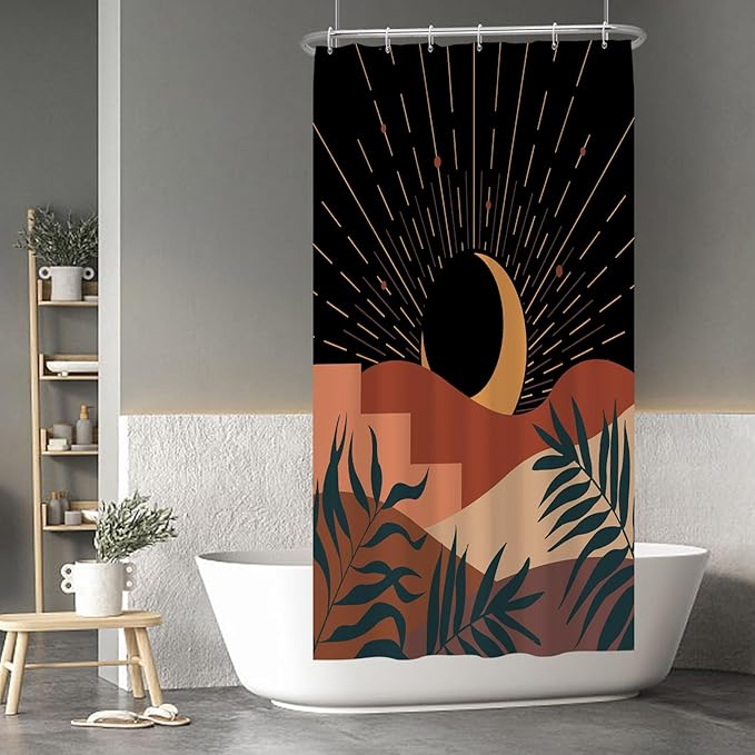 Baocicoo Boho Abstract Moon Shower Curtain Mid Century Sunset Mountain Shower Curtain for Bathroom Minimalist Aesthetic Bathroom Decorations Waterproof Curtain for Bathroom with Hooks 36x72 Inches
