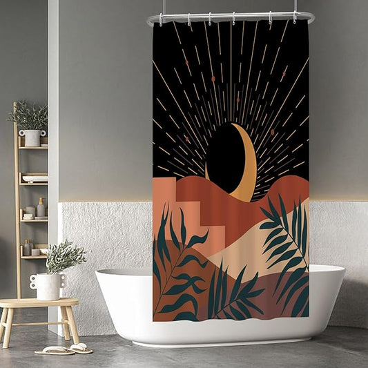 Baocicoo Boho Abstract Moon Shower Curtain Mid Century Sunset Mountain Shower Curtain for Bathroom Minimalist Aesthetic Bathroom Decorations Waterproof Curtain for Bathroom with Hooks 36x72 Inches
