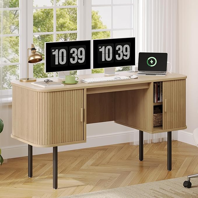 ONBRILL 55 Inch Fluted Computer Desk with Charging Station, Mid Century Executive Desk with 2 Storage Cabinets, Modern Home Office Large Desk with Metal Legs for Working, Studying, Writing Oak