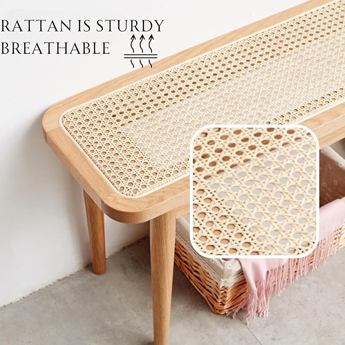 47’’-63’’ 100% Oak Extendable Dining Table and Bench Set for 2, Solid Wood Folding Kitchen Table, Mid Century Modern Dinner Table for Kitchen, Living Room, Natural (47''-63''+39''Rattan Bench)