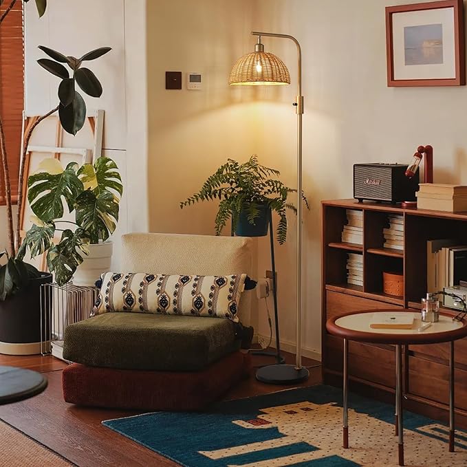 Boho Floor Lamp for Living Room: Rattan Floor Lamp for Bedroom - Gold Standing Lamp with Dimmable Tall Lamp,No Bulb
