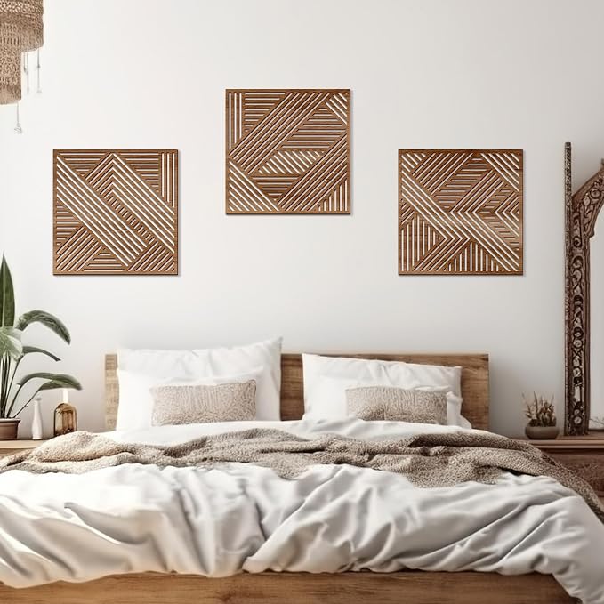 Bnesi 3 Piece Abstract Geometric Wood Wall Art Decor Modern Boho Minimalist Slatted Design Wall Sculpture Art Decor for Living Room Bedroom Home Bathroom (Exquisite, Medium)