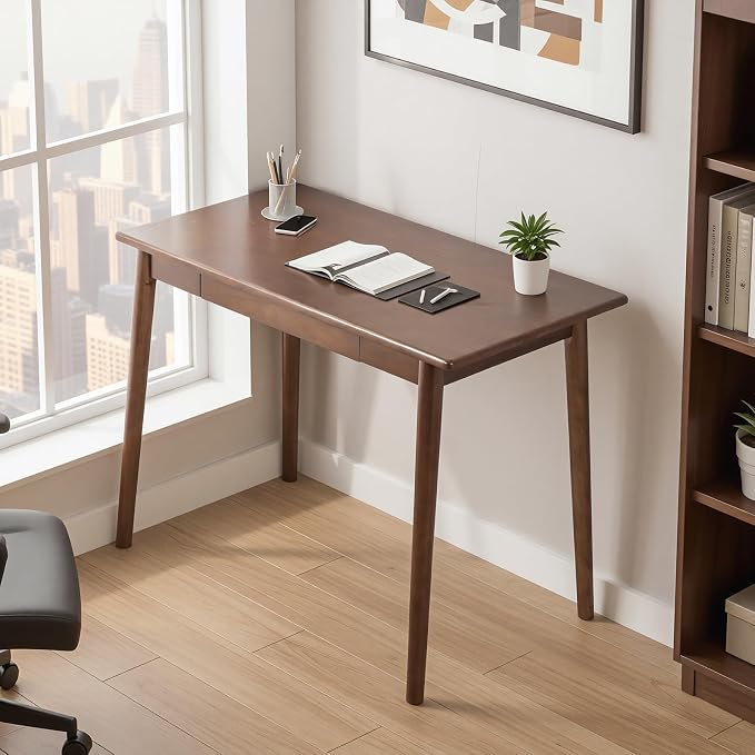 Solid Wood Desk with Drawers, Wooden Computer Desk for Home Office, Gaming Study Desk for Small Spaces, Writing Work Desk for Bedroom,Easy Assembly (Walnut Color 39.4 inch)