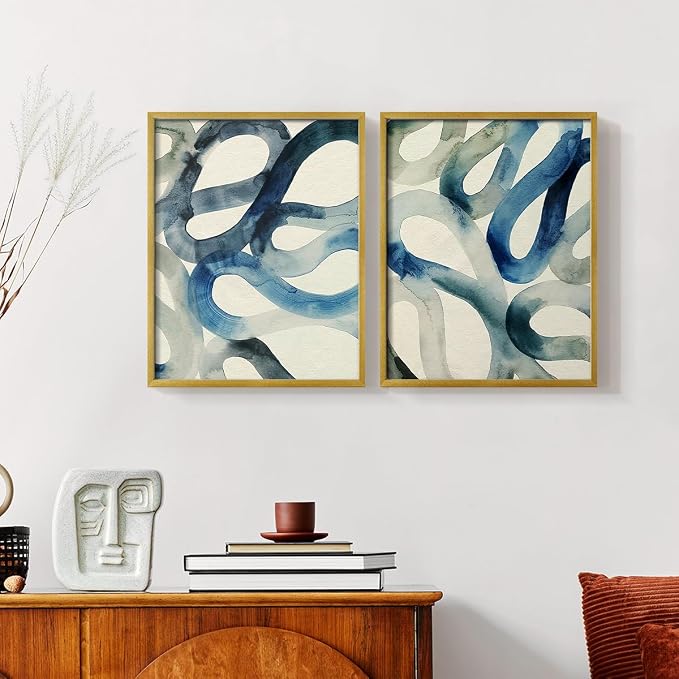 Renditions Gallery Set of 2 Peel & Stick Framed Prints, Watercolor Abstract Wall Art, Aquatic Water and Sand Strokes Wall Decor, Re-Stickable - Ready to Hang - 16"x20" - GOLD Frame LT588