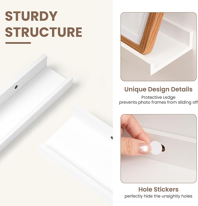 Fun Memories Picture Ledge Shelf, White Floating Shelves Set of 4, 32 Inch Picture Shelves for Wall with Ledge, Large Nursery Book Shelf for Toys Storage, Living Room, Bedroom Decor Frames