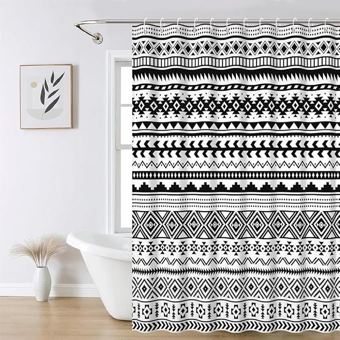 Bohemian Black White Shower Curtain for Bathroom Boho Geometric Shower Curtains Modern Abstract Aesthetic Bathroom Decor Set Washable Waterproof Polyester Fabric with Hooks 60x72 Inch