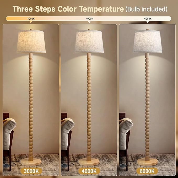 Real Wood Floor Lamp for Living Room,Real Wood Standing Lamp with 3 Color Changing Bulb Included, Tall Lamp with Linen Shade,Farmhouse Floor Lamp for Living Room,Bedroom,Corner,Dining Room and Office