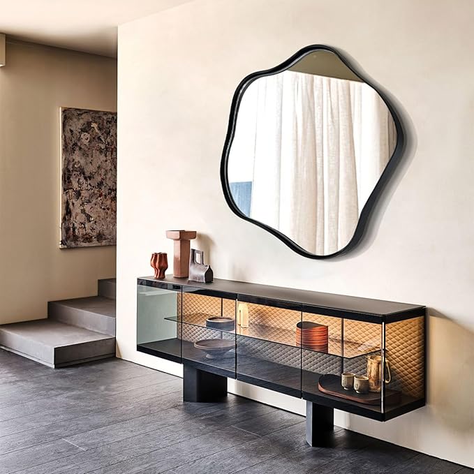 Irregular Shaped Mirror, 28" Asymmetrical Rounded Mirror Decorative, Modern Abstract Wall Mirrors with Metal Frame, Scalloped Mirrors for Living Room Bathroom Bedroom Hallway Entryway