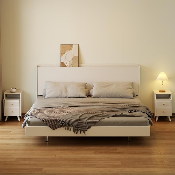 AQIMUELE Wood Nightstand, White Nightstand with 2 Drawers, Bedside Table for Bedroom