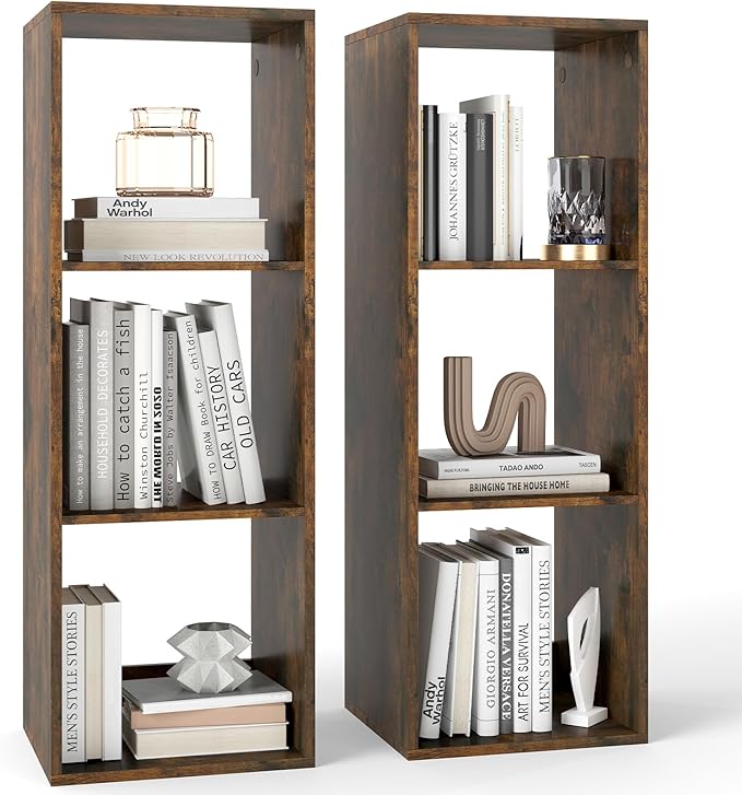 Tangkula 3-Cube Bookcase, 4-Tier Bookshelf with Open Compartments, Freestanding Cube Storage Organizer with Anti-Toppling Kits, Modern Display Shelf for Living Room, Study (2, Rustic Brown, 3-Cube)