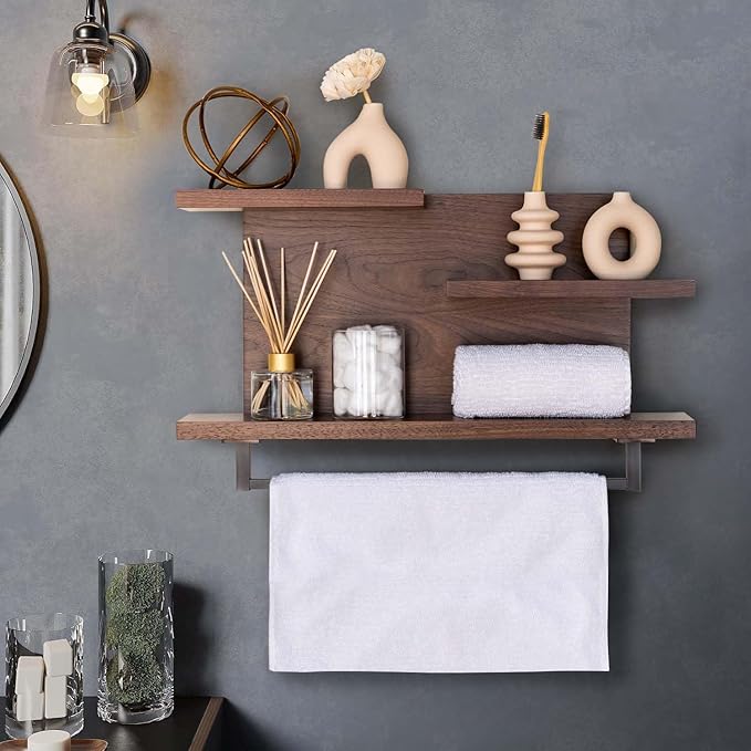 Straga Rustic Wall Mounted Bathroom Shelves - 23" Solid Walnut Hardwood Shelf Organizers with a Choice of 18" Towels Holder - A Modern Addition to Your Bathroom, Powder Room, Housewarming Gift