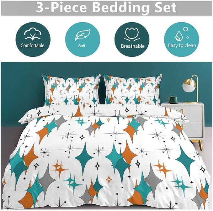 Mid Century Bedding Set,Modern Orange Blue Abstract Atomic Geometric Pattern Retro 1950s 1960s Style Comforter Set with Pillowcase for Bedroom Bed Decor,Queen 90"x90"