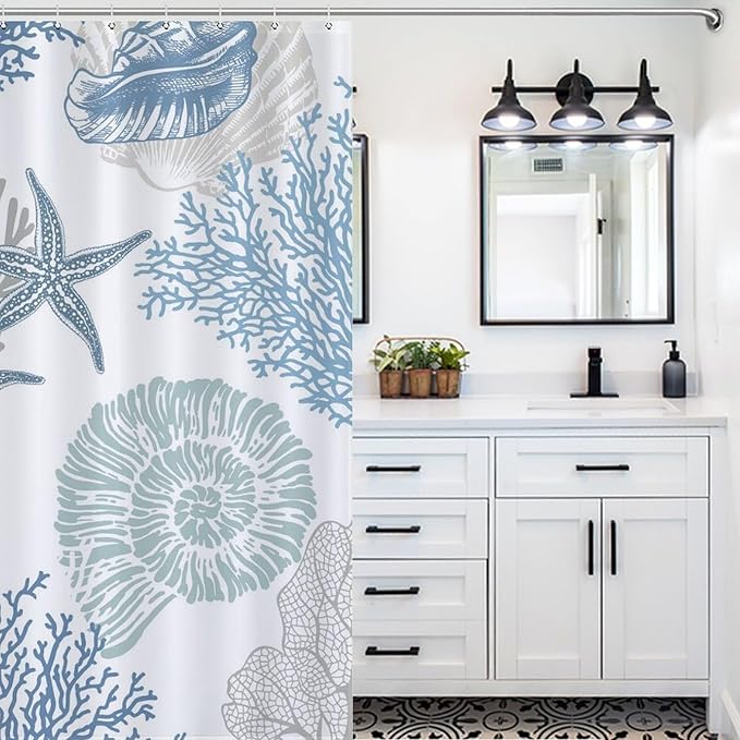 Nautical Coastal Shower Curtain,Summer Coral Starfish Seashell Blue Ocean Beach Shower Curtains for Bathroom Waterproof Polyester Fabric Bathroom Curtain with Hooks,72x78Inch