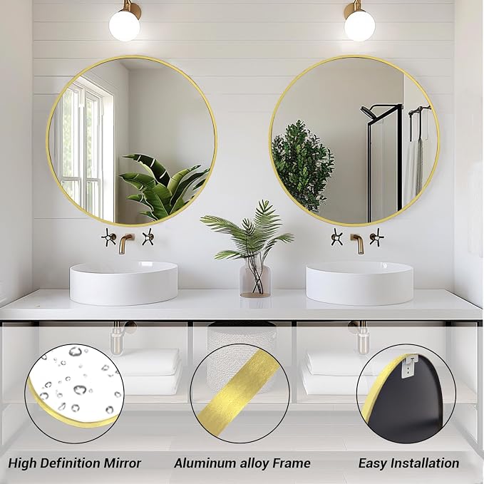 Sunniry Gold Round Mirror 16 inch, Small Round Mirror, Gold Circle Mirrors, Brushed Metal Frame Circle Mirrors for Bathroom, Bedroom, Vanity, Wall Decor.