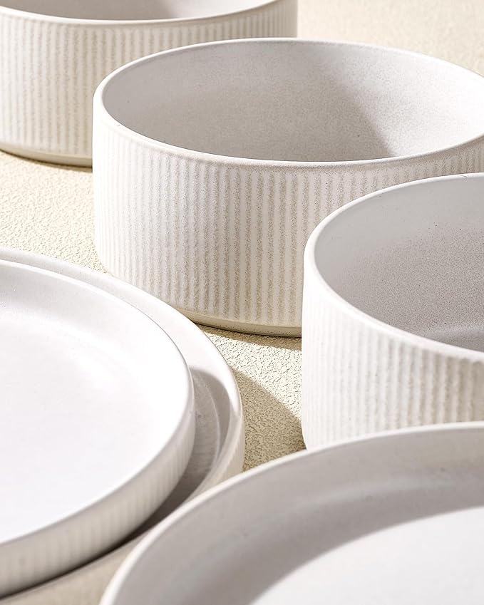 Stoneware Plates and Bowls Dishes Sets for 6 (18-Piece), Famiware Premium Handcrafted Reactive Glaze Dinnerware Set with Raised Rim, Scratch Resistant, Microwave Dishwasher Safe, Matte Reactive White