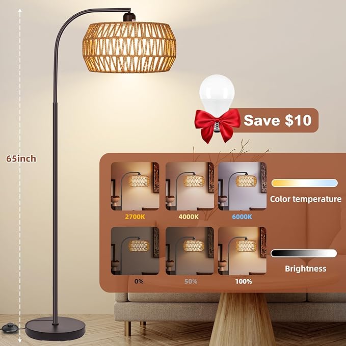 Rattan Standing Lamp with Remote and Dimmable Bulb, Bronze Arch Floor Lamp, Over Couch Lamp with Foot Switch, Brown Boho Lamp for Living Room, Bedroom, Office, Classroom