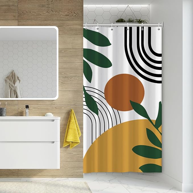 Boho Geometric Shower Curtain White Beige Mid Century Abstract Arch Curve Bathroom Curtain Minimalistic Sun Shower Curtain Sets for Bathroom Extra Long 54x72 in with 10 Hooks