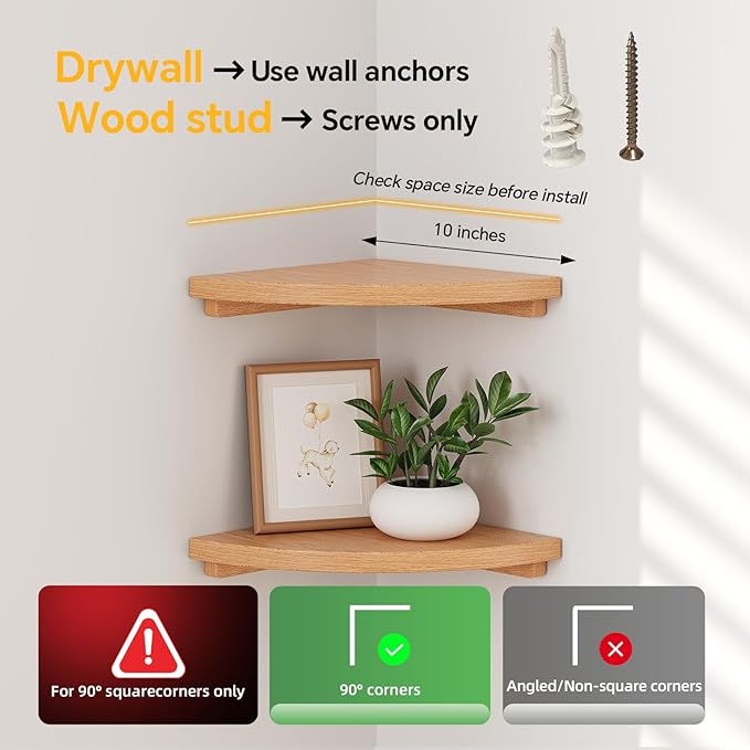 Floating Corner Shelves Oak 10", Solid Oak Wall Mounted Wooden Display Storage Rack with Wire Hole for Plants, Photos, Speakers, Bedroom, Kitchen, Living Room Décor - 1-Pack