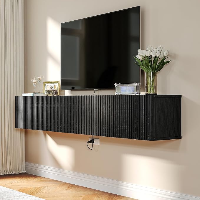 Floating TV Stand with 3 Doors,55IN Wall Mounted TV Cabinet,Slatted Floating Media Console Entertainment Center with Storage,Under TV Shelf for Bedroom Living Room,Black