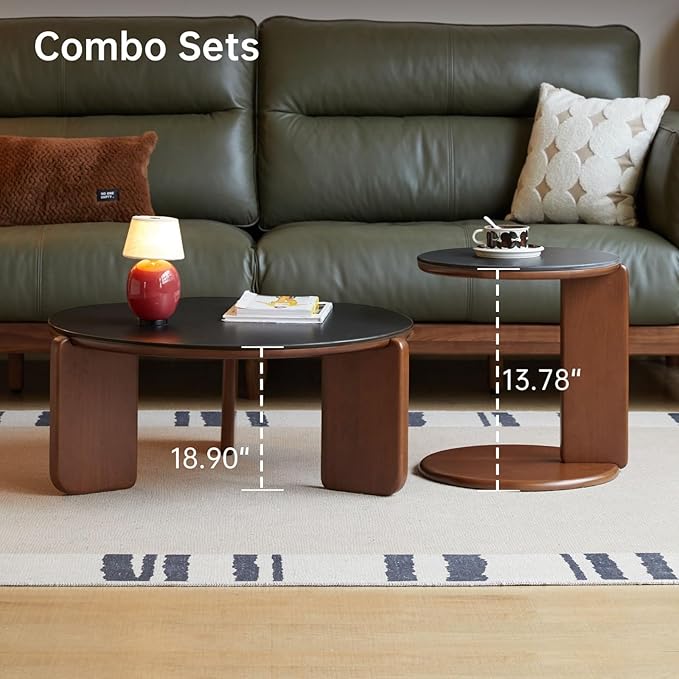 YESWOOD Round Coffee Table Set of 2, Wood Nesting Tables with Sintered Stone Top, Mid Century Morden Table,Small Coffee Table Living Room Table for Bedroom Balcony Living Room
