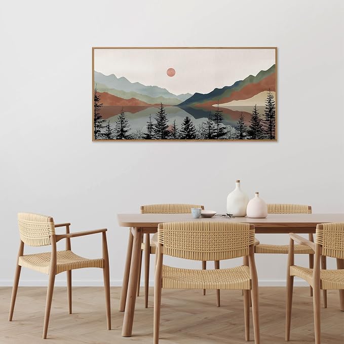 Tinonedraw Boho Mountain Framed Canvas Wall Art Set, Watercolor Nature Landscape Wall Decor, Neutral Modern Sunrise Artwork, Black Pine Trees Forest Art Prints for Living Room Bedroom Office 20"x40"