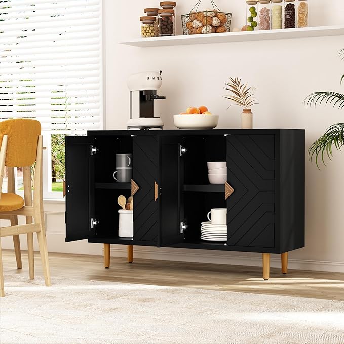 HLR 48" Accent Cabinet with 4 Doors and Shelves, Modern Sideboard Buffet Cabinet with Decorative Embossed Pattern Doors, Credenza Storage Cabinet for Living Room, Kitchen, Dining Room, Hallway