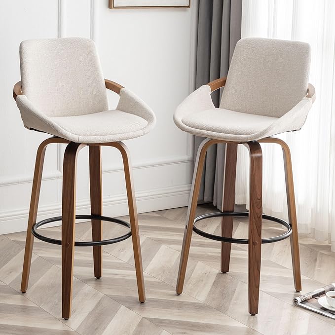LUNLING 29.5" Bar Height Barstools Set of 2,Mid Century Modern Retro Bar Chairs Charcoal Beige Linen Look Fabric Upholstered and Walnut Wood Frame for Home Bar Furniture(Beige)