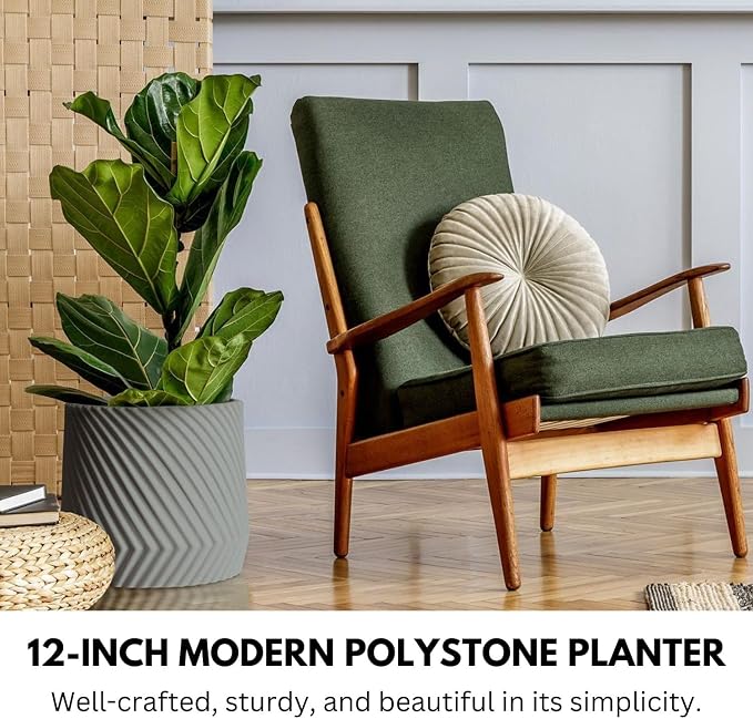 Fox & Fern Large Indoor Planter, Modern Large Plant Pot for Indoor or Outdoor, UV and Frost Resistant - 12 Inch, Polystone, Matte Gray Flower Pot with Drainage Plug, 3D Printed Design