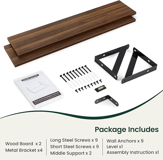 Floating Shelves, 8 Inch Deep Rustic Wood Wall Storage, 36W x 8D Wall Shelves Set of 2, Heavy Duty Metal Brackets, Industrial Book Shelf for Living Room, Kitchen, Bathroom, Bedroom, Walnut