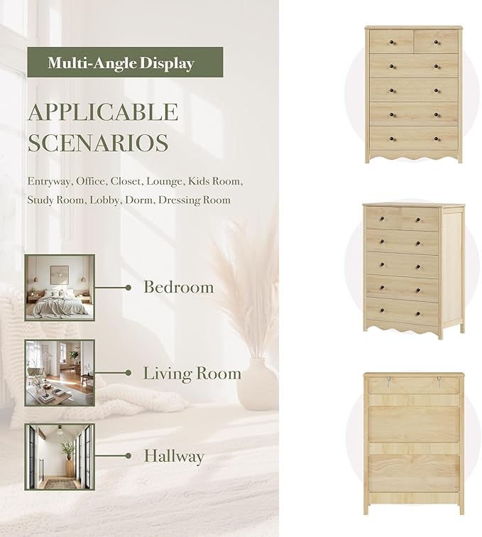 Dresser for Bedroom with 6 Drawers, 44” Tall Modern Wood Dresser Chest of Drawers with Metal Handle, Farmhouse Natural Solid Wooden Dressers Organizer for Living Room, Hallway